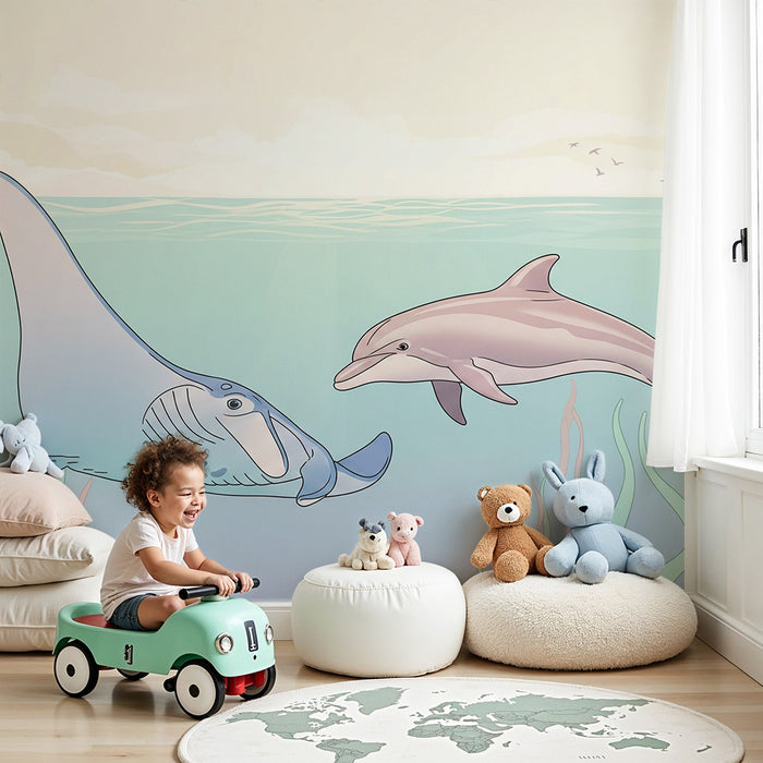 Barntapet | Manta ray och delfin i en lugn värld av vatten