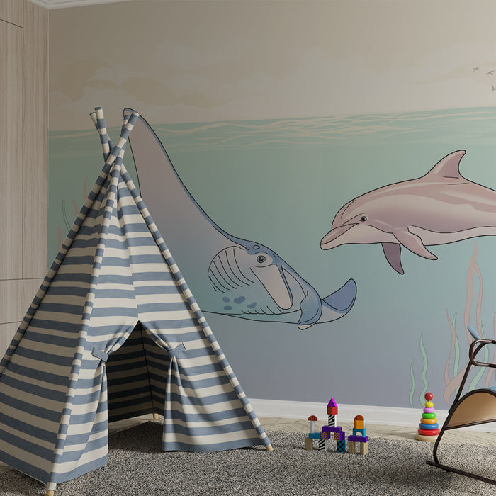 Barntapet | Manta ray och delfin i en lugn värld av vatten