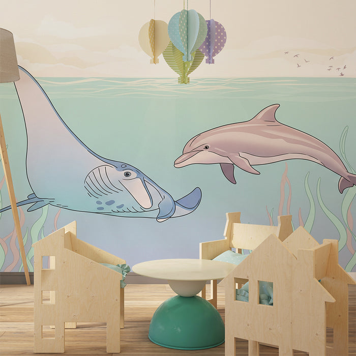 Barntapet | Manta ray och delfin i en lugn värld av vatten