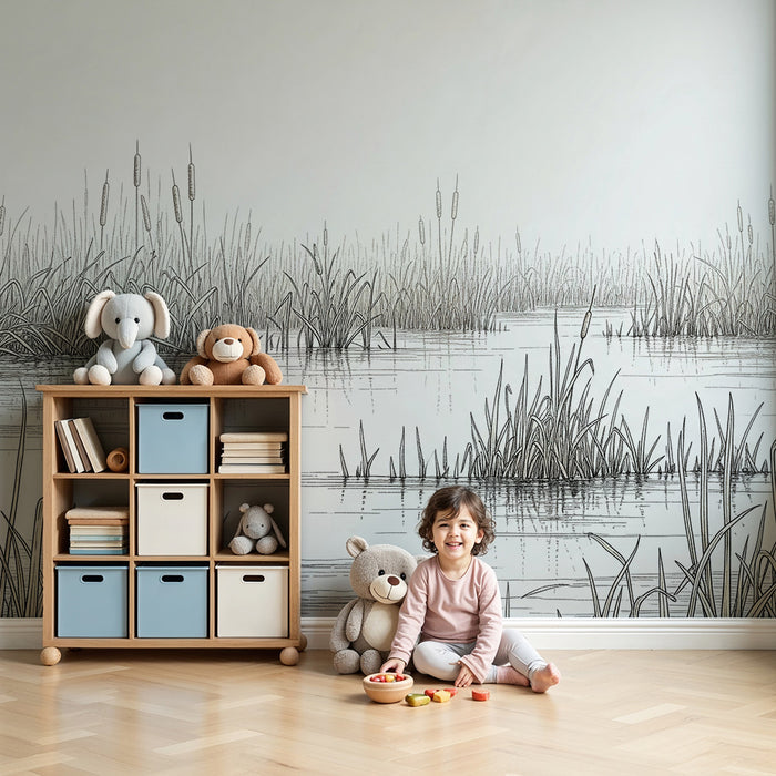 Behang kinderkamer | Rustig moeras met riet en waterreflecties