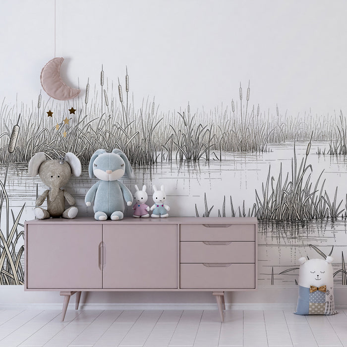 Behang kinderkamer | Rustig moeras met riet en waterreflecties