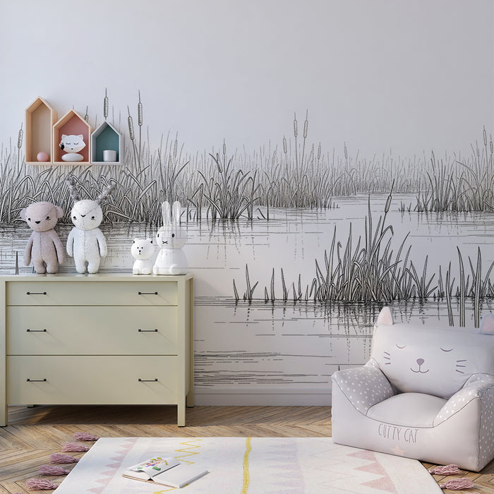 Behang kinderkamer | Rustig moeras met riet en waterreflecties
