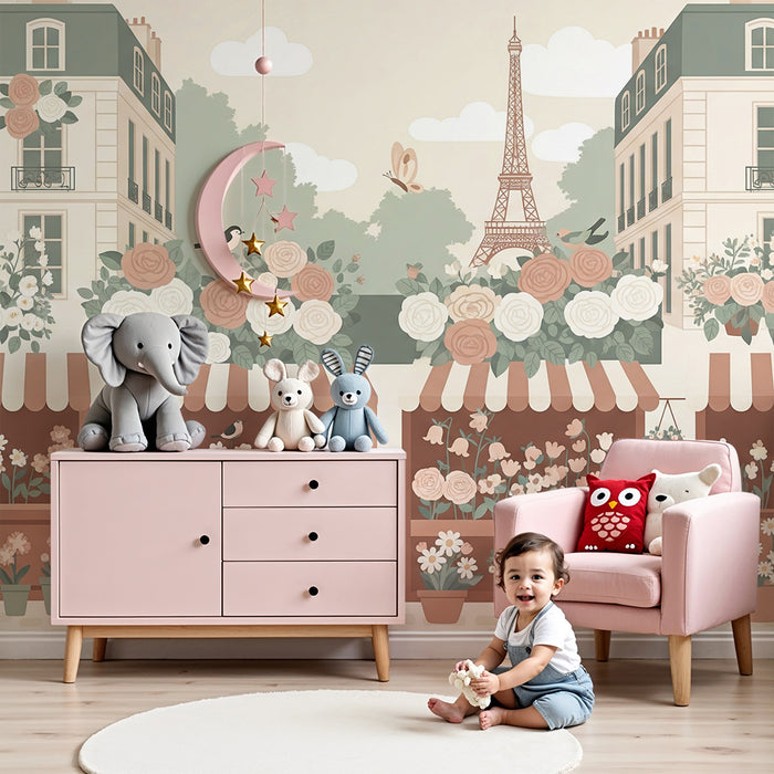 Kids' bedroom wallpaper | Flower market with the Eiffel Tower in the background