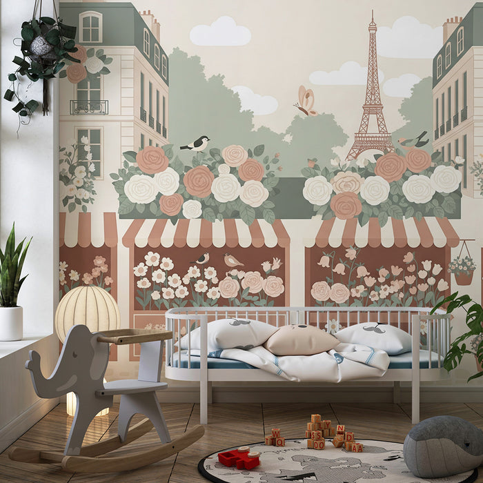 Kids' bedroom wallpaper | Flower market with the Eiffel Tower in the background
