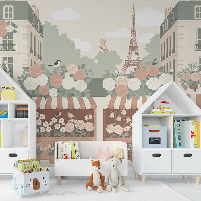 Kids' bedroom wallpaper | Flower market with the Eiffel Tower in the background
