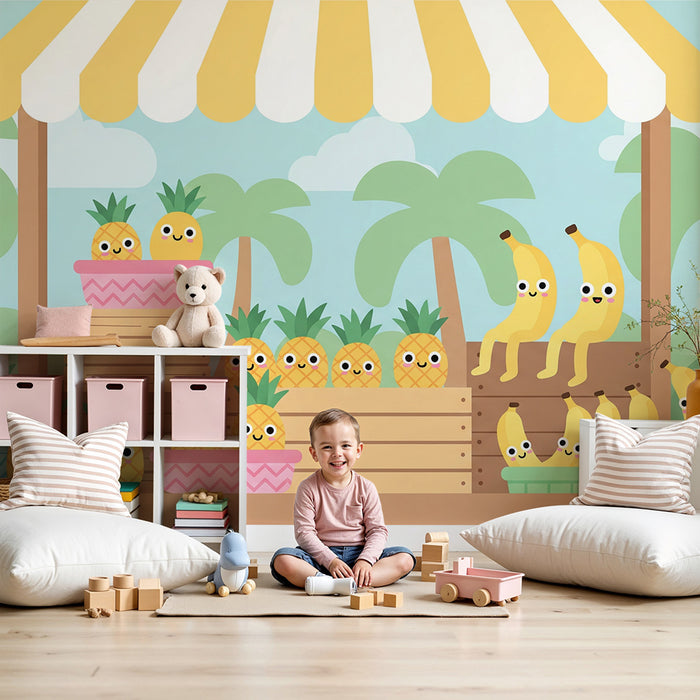 Papel de parede para quarto de criança | Mercado colorido com ananases e bananas alegres