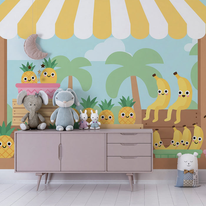Papel de parede para quarto de criança | Mercado colorido com ananases e bananas alegres