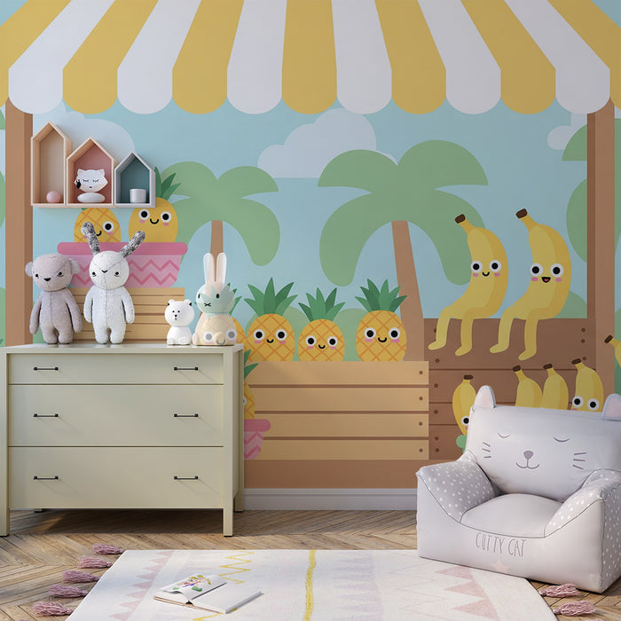 Papel de parede para quarto de criança | Mercado colorido com ananases e bananas alegres