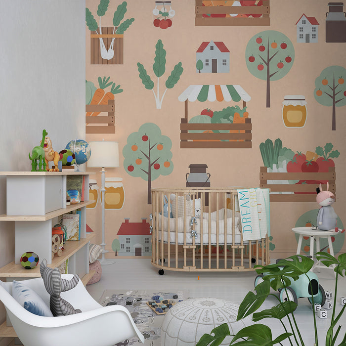 Kinderzimmer Tapete | Bunter Markt mit frischem Obst und Gemüse