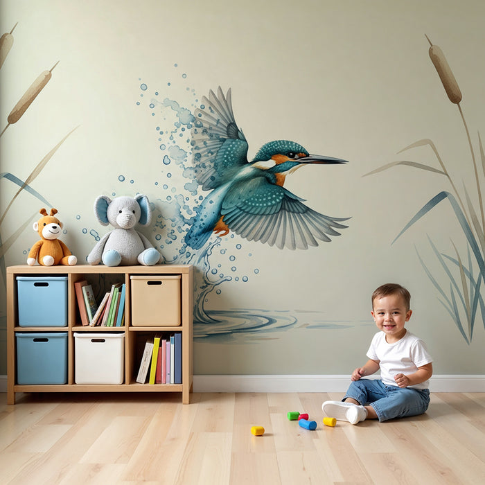 Papier peint chambre enfant | Martin-pêcheur en pleine action au bord de l'eau