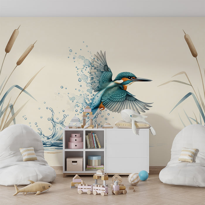 Papier peint chambre enfant | Martin-pêcheur en pleine action au bord de l'eau