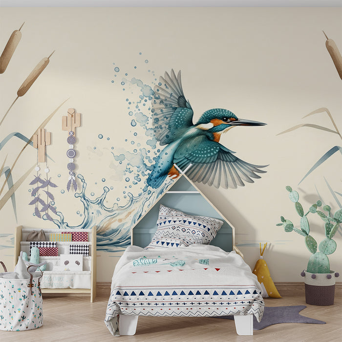 Papier peint chambre enfant | Martin-pêcheur en pleine action au bord de l'eau