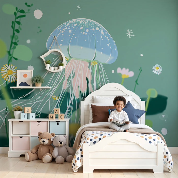 Kinderkamer behang | Delicate kwallen en waterbloemen in een onderwaterwereld