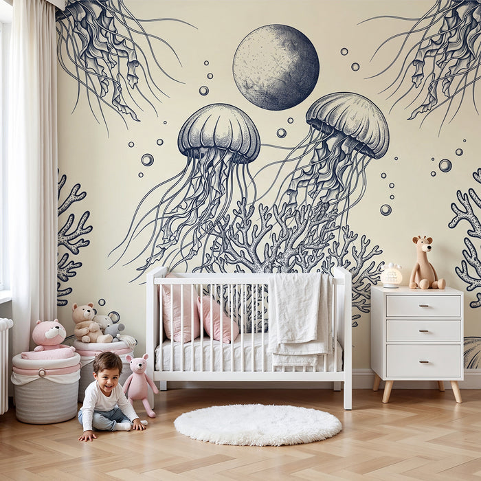 Papier peint chambre enfant | Méduse et coraux dans un océan apaisant