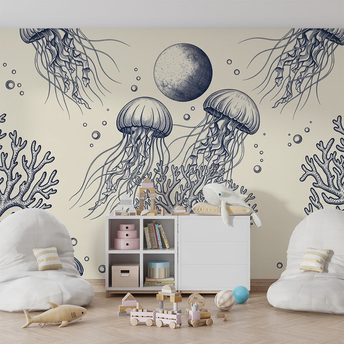 Papier peint chambre enfant | Méduse et coraux dans un océan apaisant
