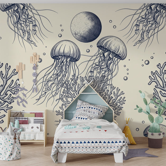 Papier peint chambre enfant | Méduse et coraux dans un océan apaisant