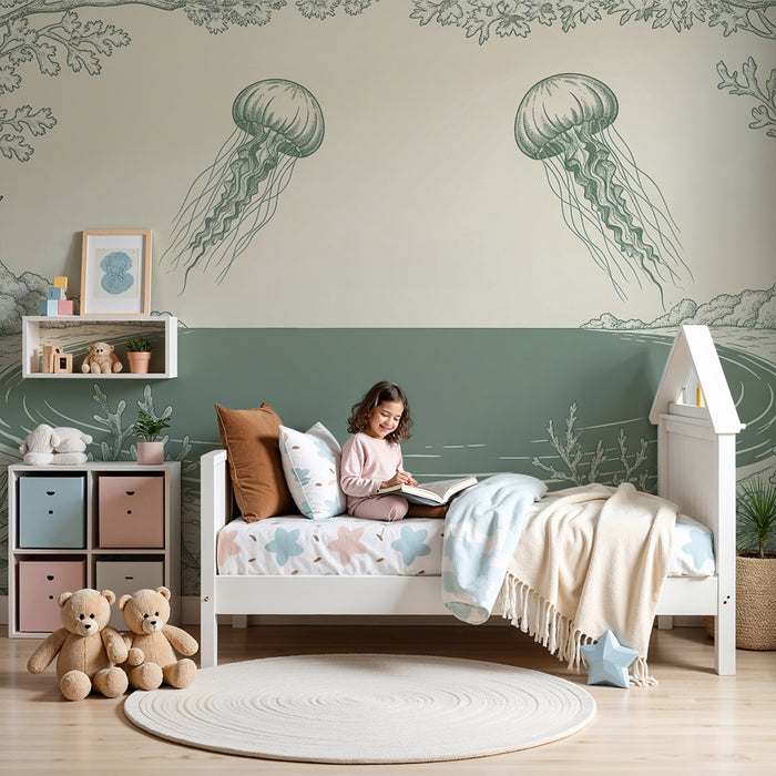 Papier peint chambre enfant | Méduse et paysage marin apaisant