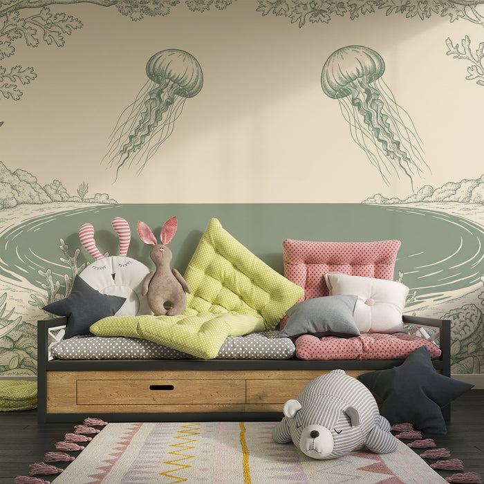 Papier peint chambre enfant | Méduse et paysage marin apaisant