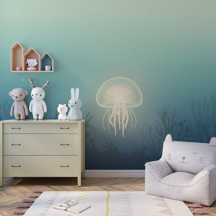 Kinderkamer behang | Verlichte kwal in rustgevende onderwateromgeving