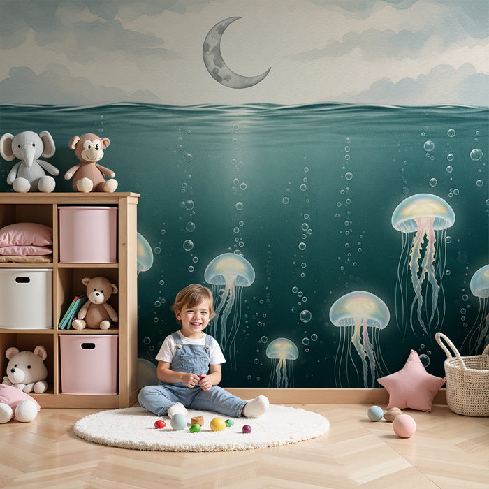 Kids room wallpaper | Luminous jellyfish under a starry sky
