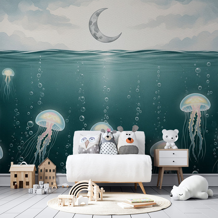 Kids room wallpaper | Luminous jellyfish under a starry sky