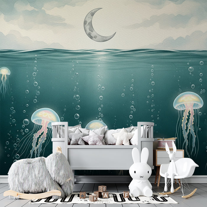 Kids room wallpaper | Luminous jellyfish under a starry sky