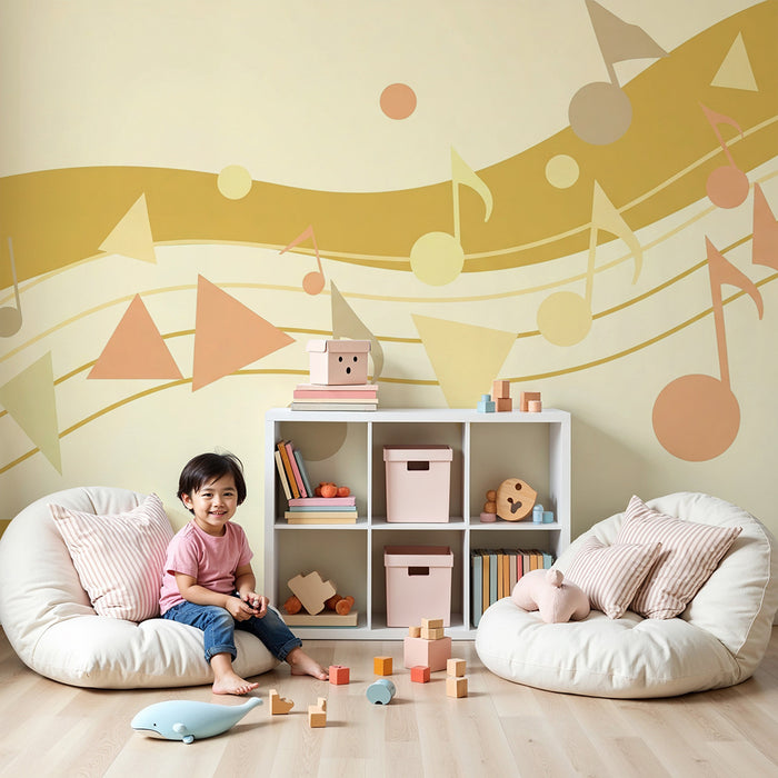 Kinderzimmer Tapete | Bunte Melodie mit Musiknoten und geometrischen Formen