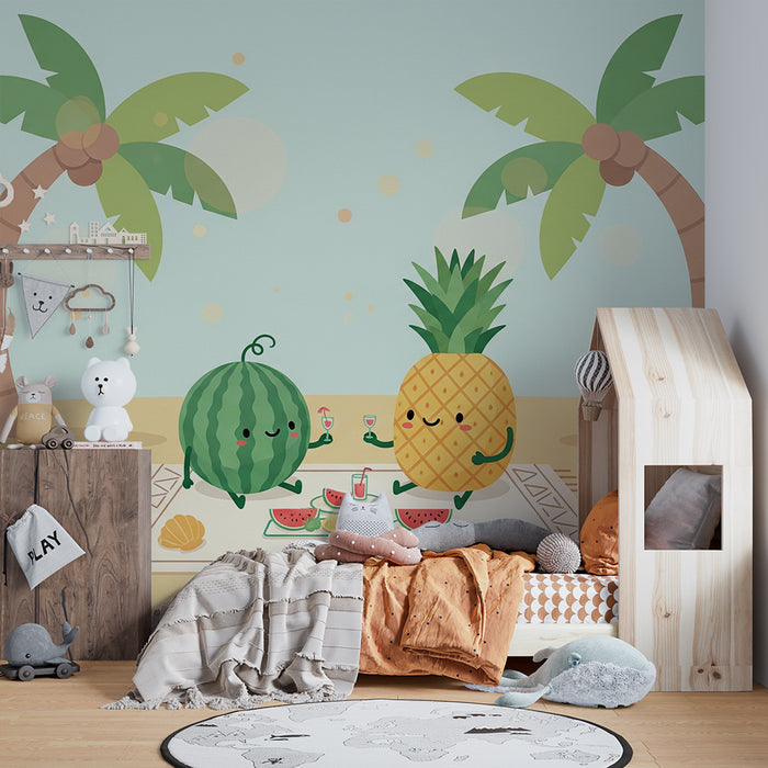 Børneværelses tapet | Melon og ananas i tropisk picnic-stil
