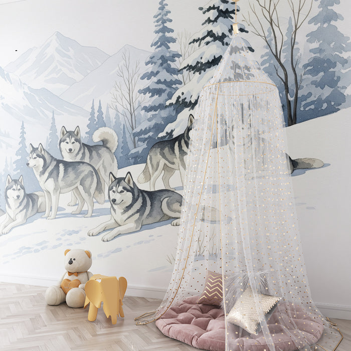 Papel de parede criança | Matilha de huskies num cenário nevado
