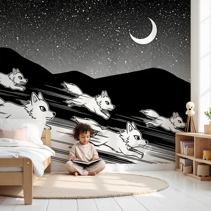 Papier peint chambre enfant | Meute de renards blancs courant sous un ciel étoilé