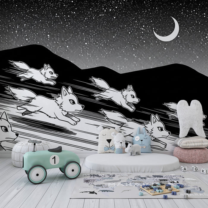 Papier peint chambre enfant | Meute de renards blancs courant sous un ciel étoilé