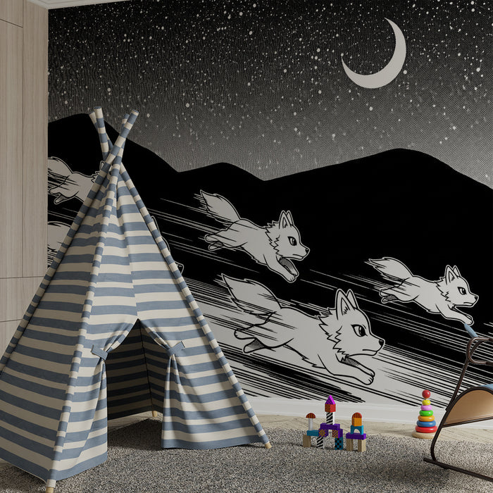 Papier peint chambre enfant | Meute de renards blancs courant sous un ciel étoilé