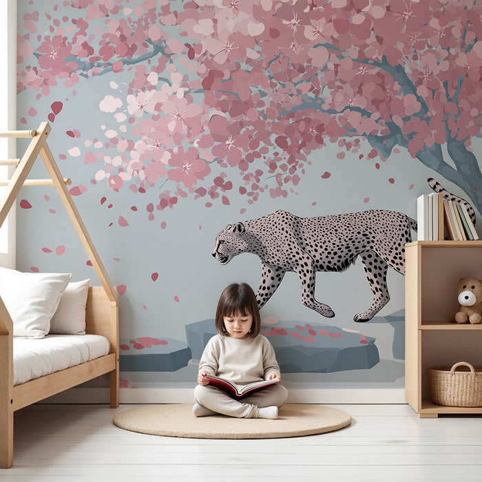 Kids room wallpaper | Cute leopard under a cherry blossom tree