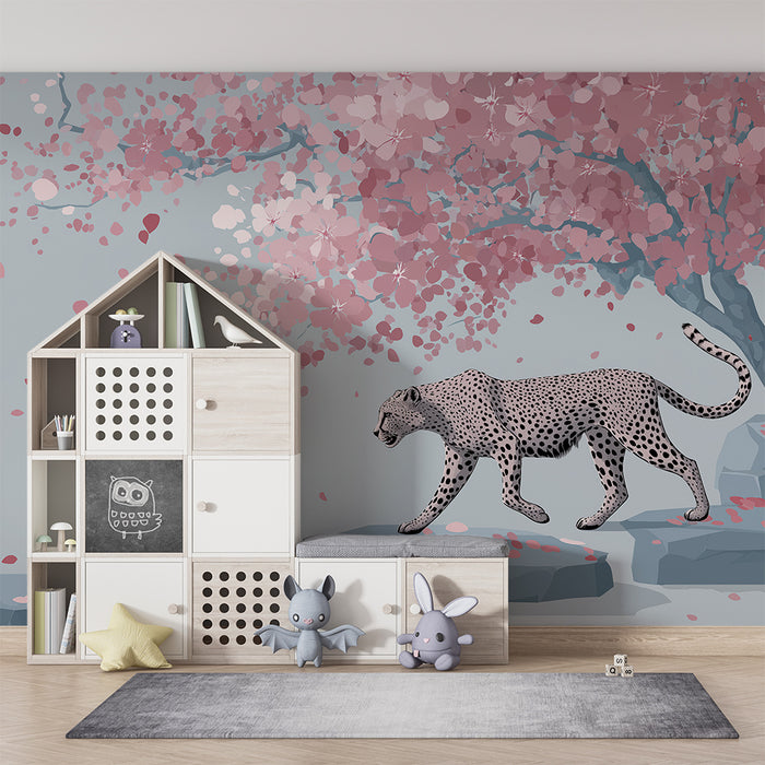 Kids room wallpaper | Cute leopard under a cherry blossom tree