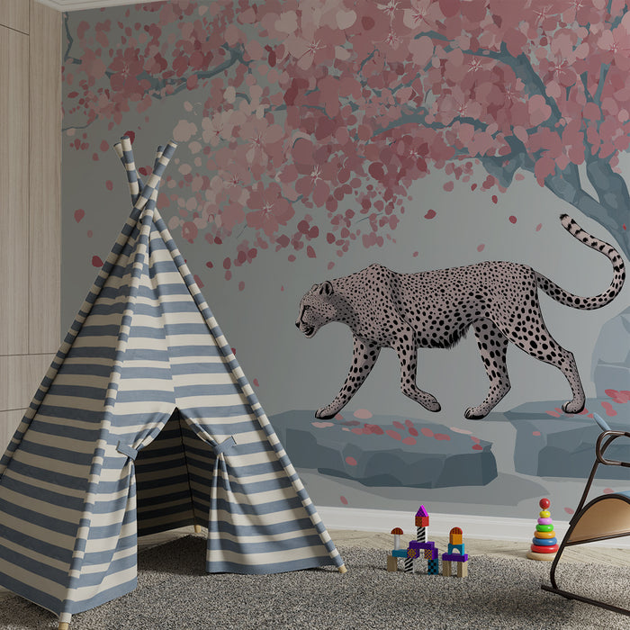 Kids room wallpaper | Cute leopard under a cherry blossom tree