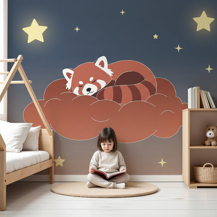 Kinderzimmer Tapete | Niedlicher schlafender Roter Panda auf einer Wolke