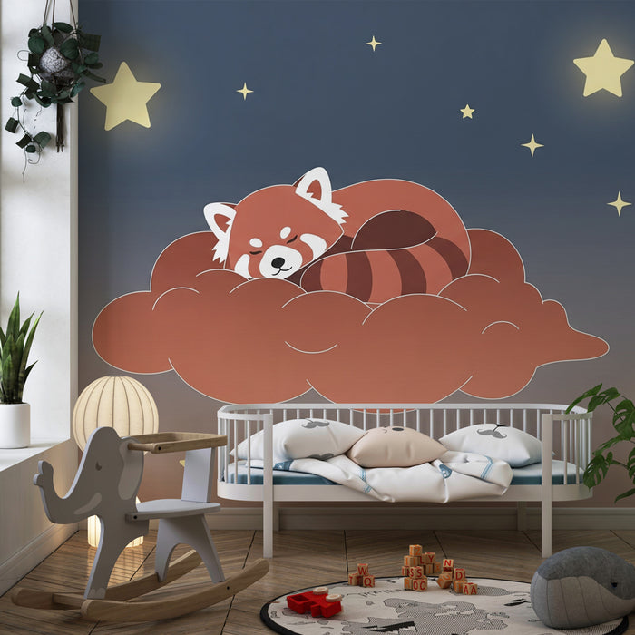 Kinderzimmer Tapete | Niedlicher schlafender Roter Panda auf einer Wolke