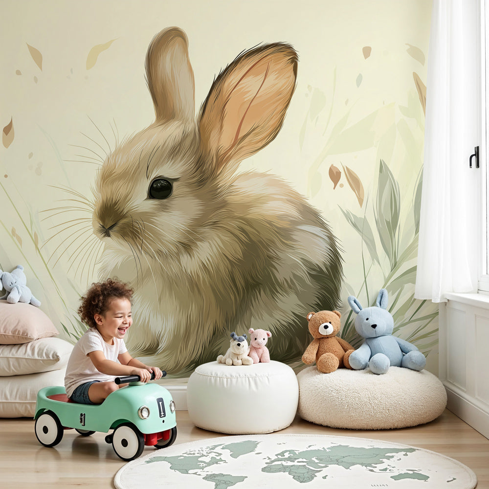 Papier peint chambre enfant | Mignon petit lapin dans la nature, image size:1000x1000