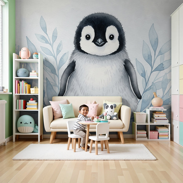 Kinderzimmer Tapete | Niedlicher kleiner Pinguin und Wasserpflanzen