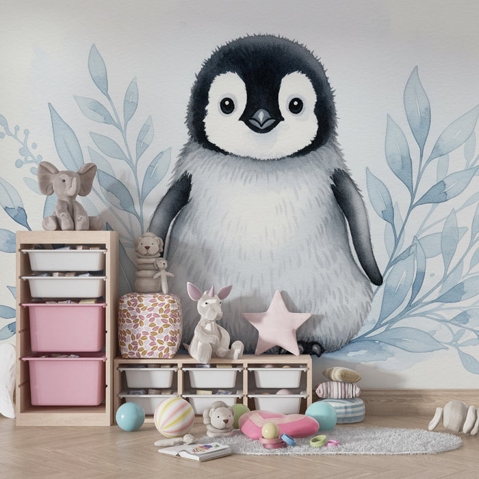 Kinderzimmer Tapete | Niedlicher kleiner Pinguin und Wasserpflanzen