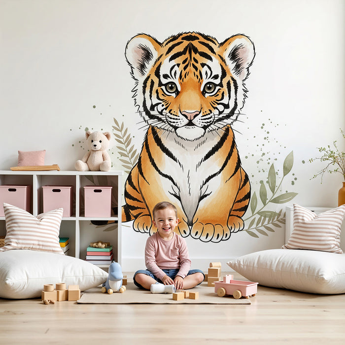 Behang kinderkamer | Schattige kleine tijger in tropisch groen