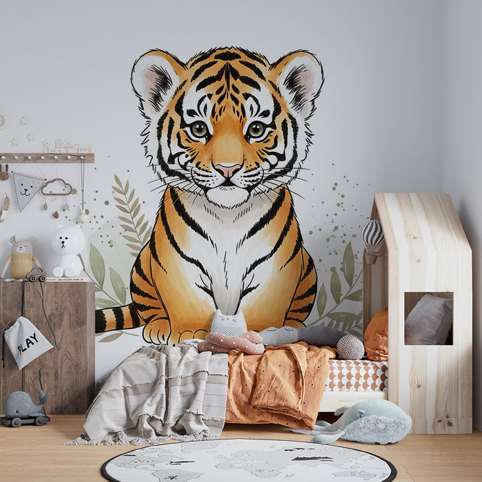 Behang kinderkamer | Schattige kleine tijger in tropisch groen