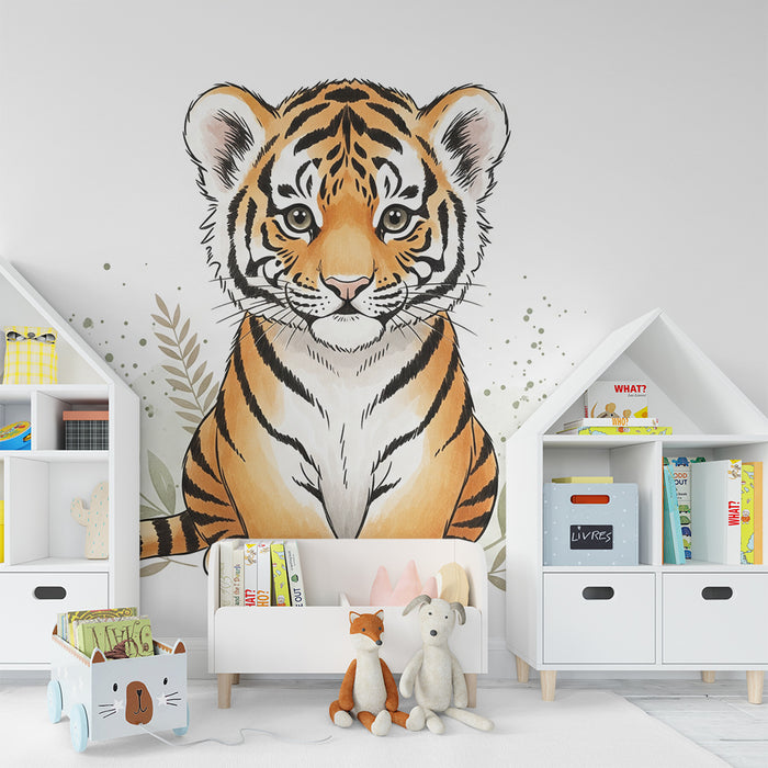 Behang kinderkamer | Schattige kleine tijger in tropisch groen