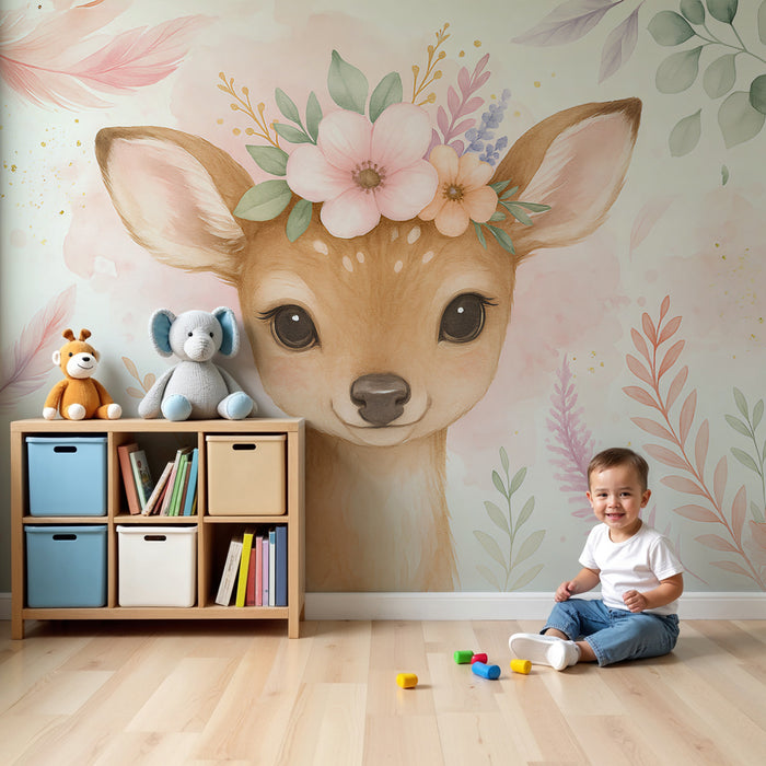 Kinderzimmer Tapete | Niedliches Rehkitz mit Blumen