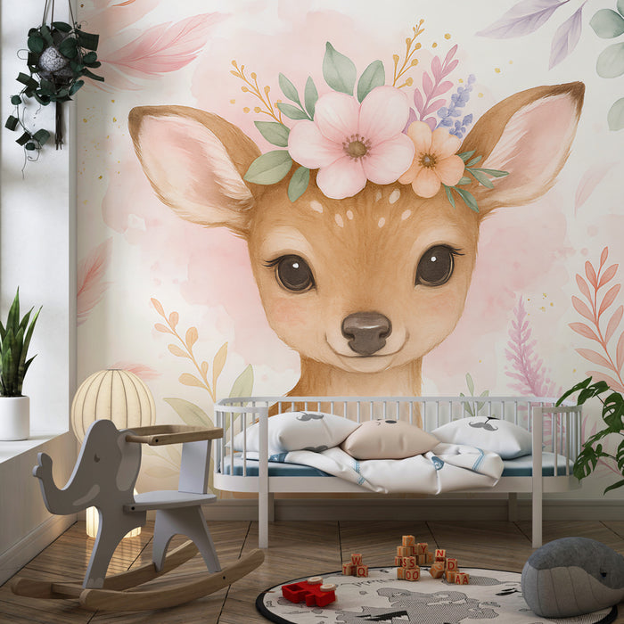 Kinderzimmer Tapete | Niedliches Rehkitz mit Blumen