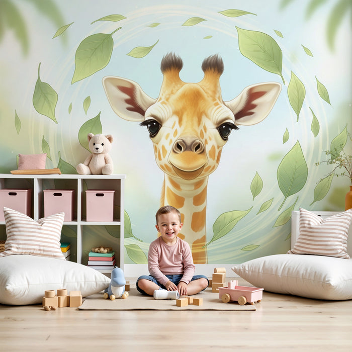Kinderzimmer Tapete | Niedliche Giraffe umgeben von Blättern