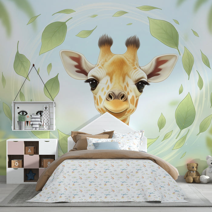 Kinderzimmer Tapete | Niedliche Giraffe umgeben von Blättern