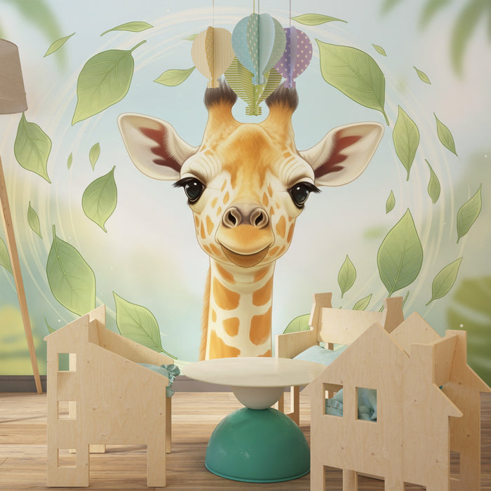 Kinderzimmer Tapete | Niedliche Giraffe umgeben von Blättern