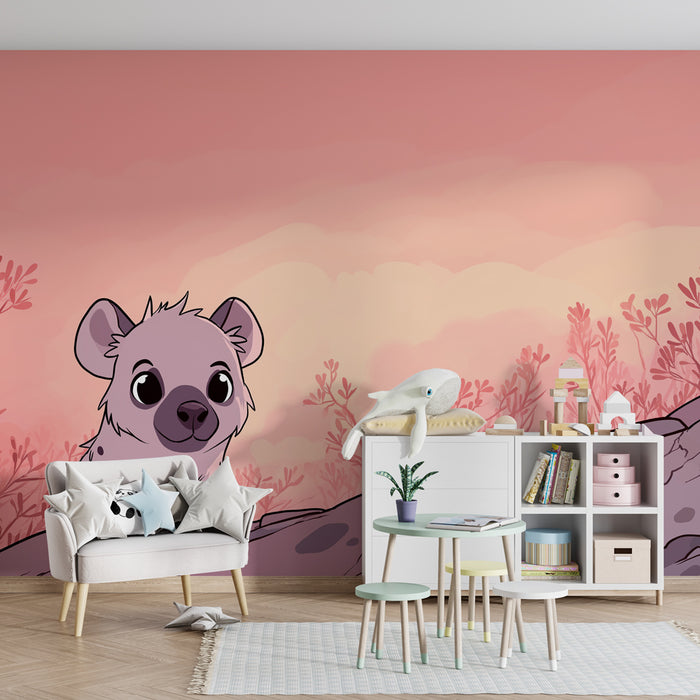 Papier peint chambre enfant | Mignonne hyène au coucher de soleil