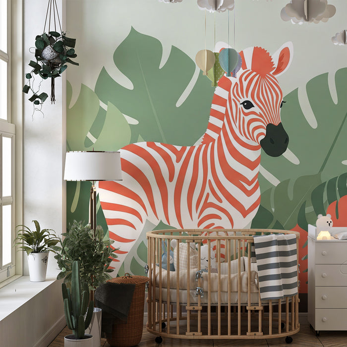 Detská izba tapeta | Rozkošná zebra s farebnými pruhmi obklopená tropickým listím